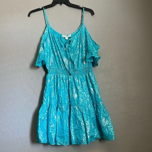 MICHAEL KORS Turquoise Adjustable ColdShoulder Ruffle Spaghetti Strap Dress