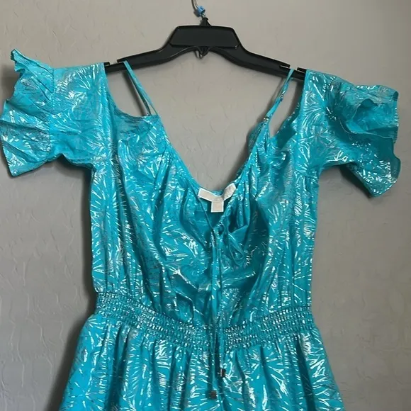 MICHAEL KORS Turquoise Adjustable ColdShoulder Ruffle Spaghetti Strap Dress