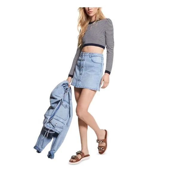 MICHAEL KORS Womens Light Blue Pocketed Button Front Mini Pencil Skirt 12