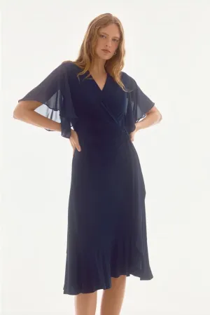 Midnight Blue Silky Knit And Chiffon Flowy Wrap Dress Style 251706