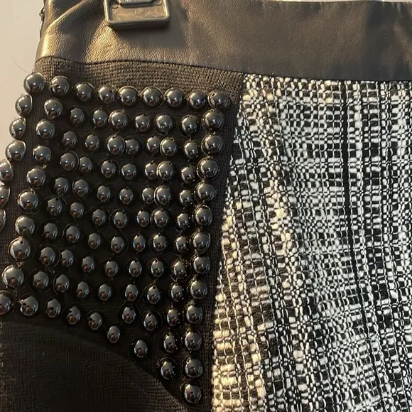 Milly pencil skirt beading, lam leather, tweed