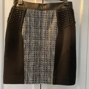 Milly pencil skirt beading, lam leather, tweed