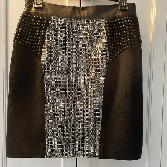Milly pencil skirt beading, lam leather, tweed