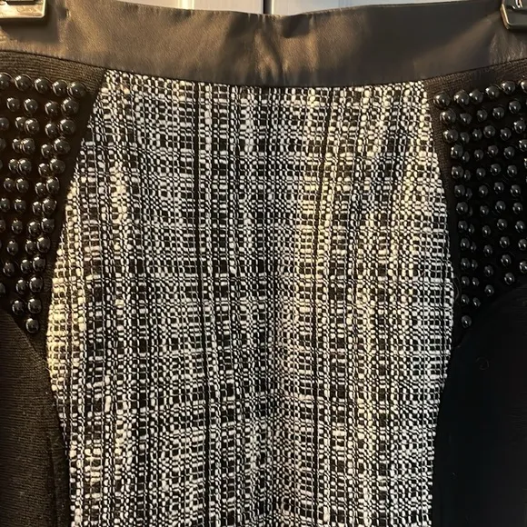 Milly pencil skirt beading, lam leather, tweed