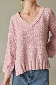 Miriam Loose Fit V-neck Balloon Sleeve Sweater- Pink