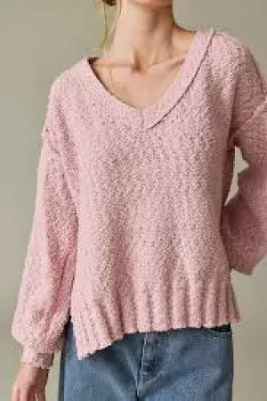 Miriam Loose Fit V-neck Balloon Sleeve Sweater- Pink