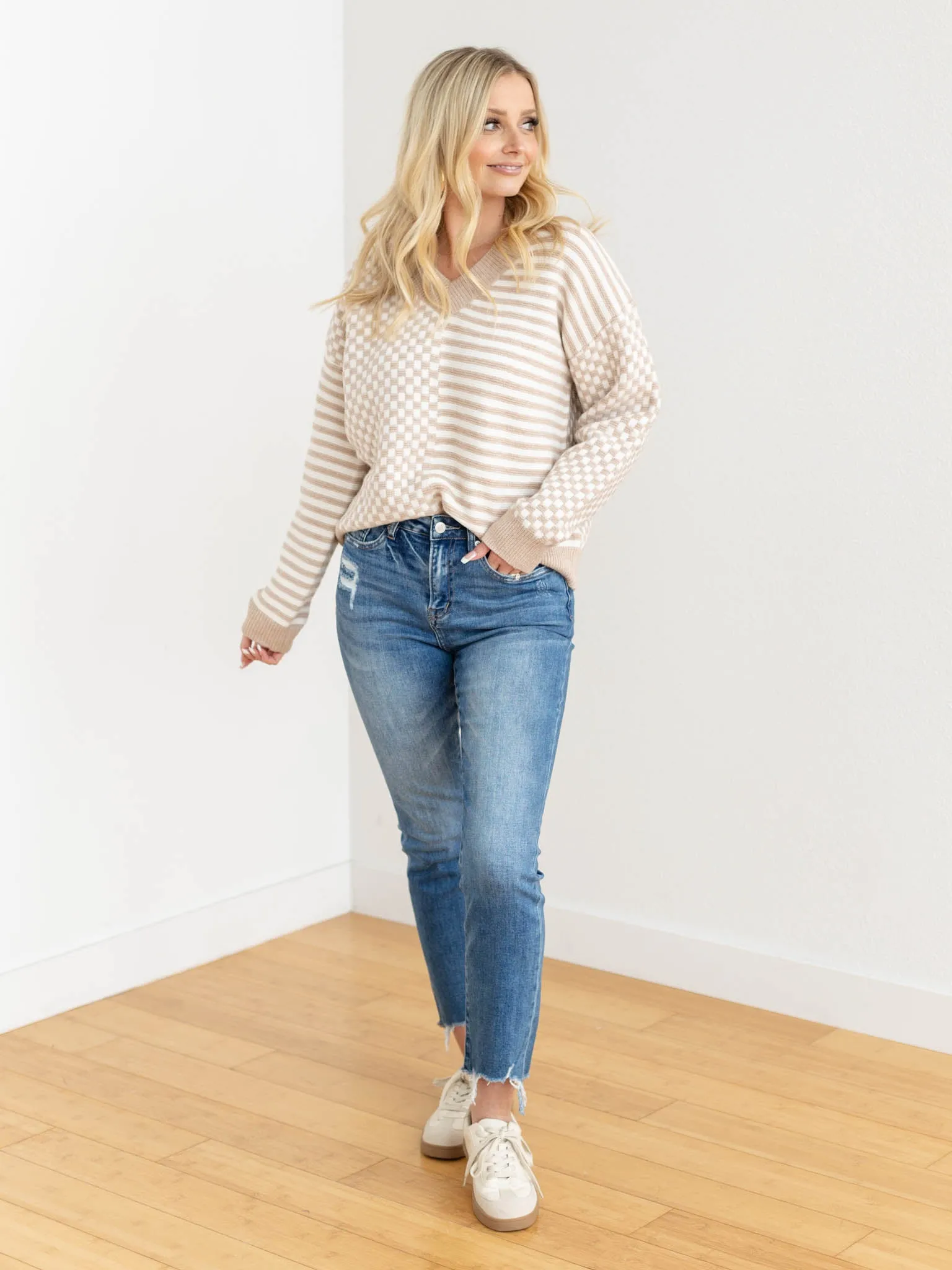 Mixed Print V-Neck Sweater
