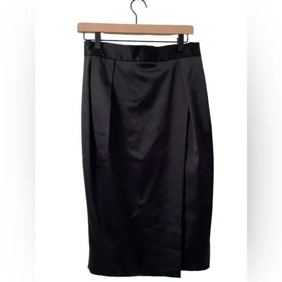MM. Lafleur Perry Satin Faux Wrap‎ Lined Black Pencil Skirt