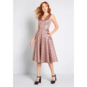 Modcloth That's My Gala Fit and Flare Dress Womens Pink Satin Jacquard Dotted 00