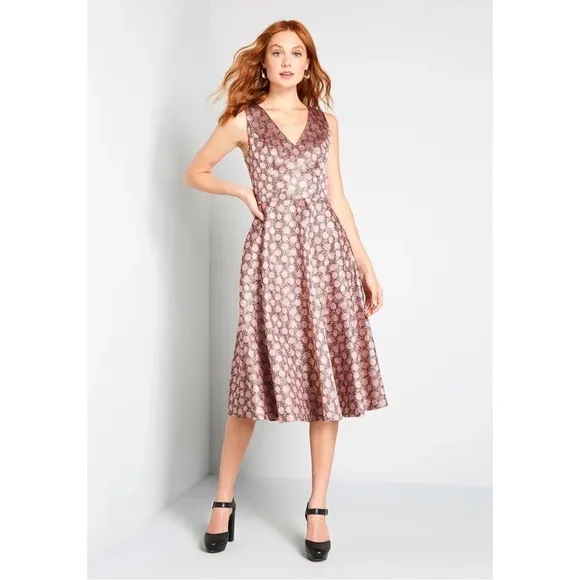 Modcloth That's My Gala Fit and Flare Dress Womens Pink Satin Jacquard Dotted 00
