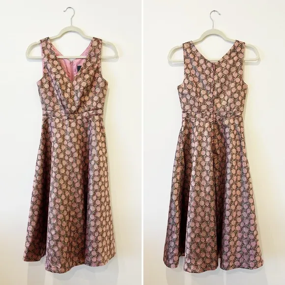 Modcloth That's My Gala Fit and Flare Dress Womens Pink Satin Jacquard Dotted 00