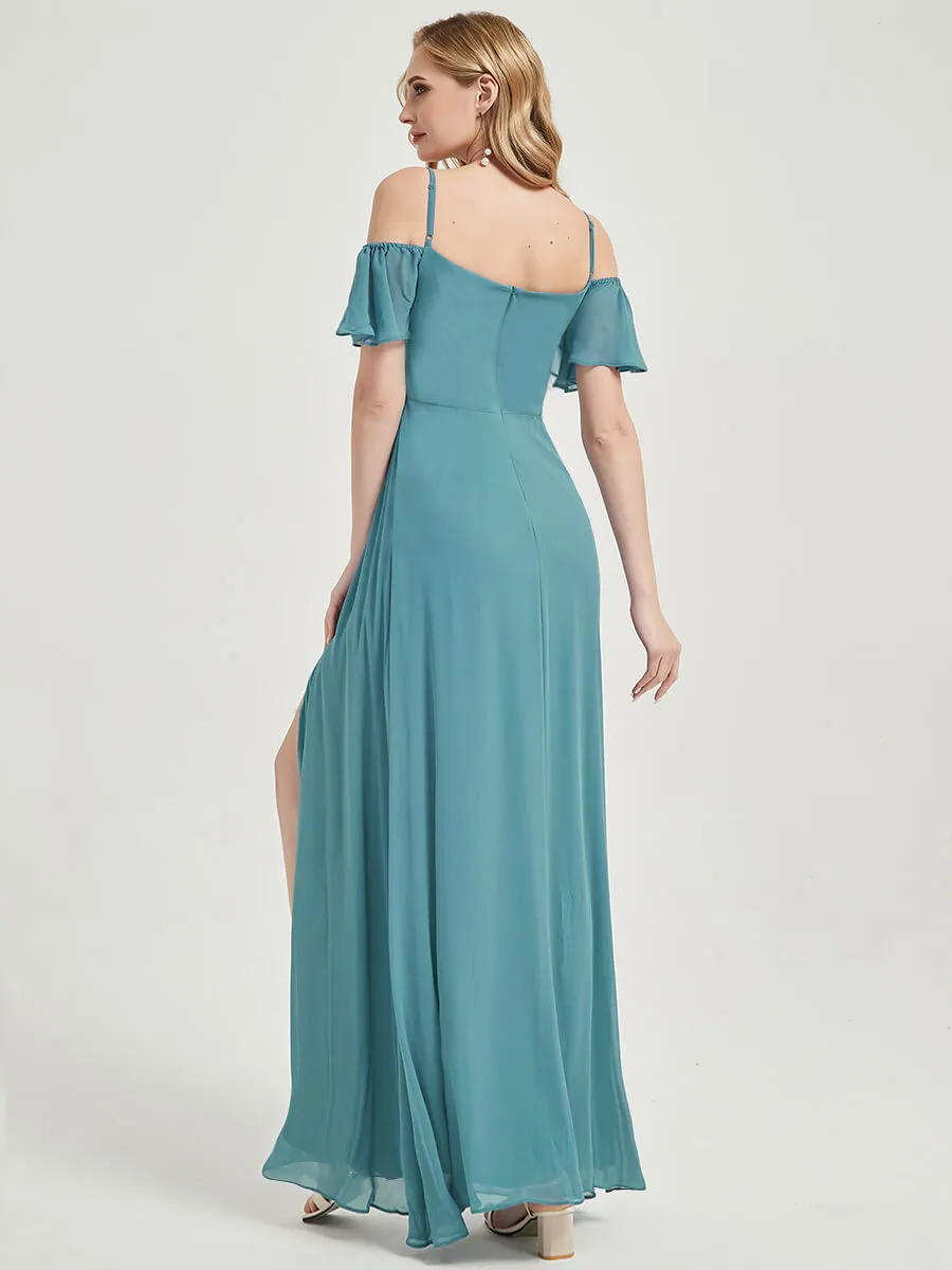 Moody Blue Ruffle Sleeves Split Bridesmaid Dress For Bridal Shower