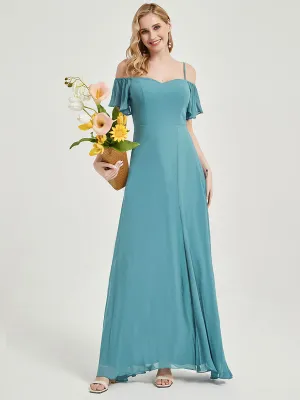 Moody Blue Ruffle Sleeves Split Bridesmaid Dress For Bridal Shower