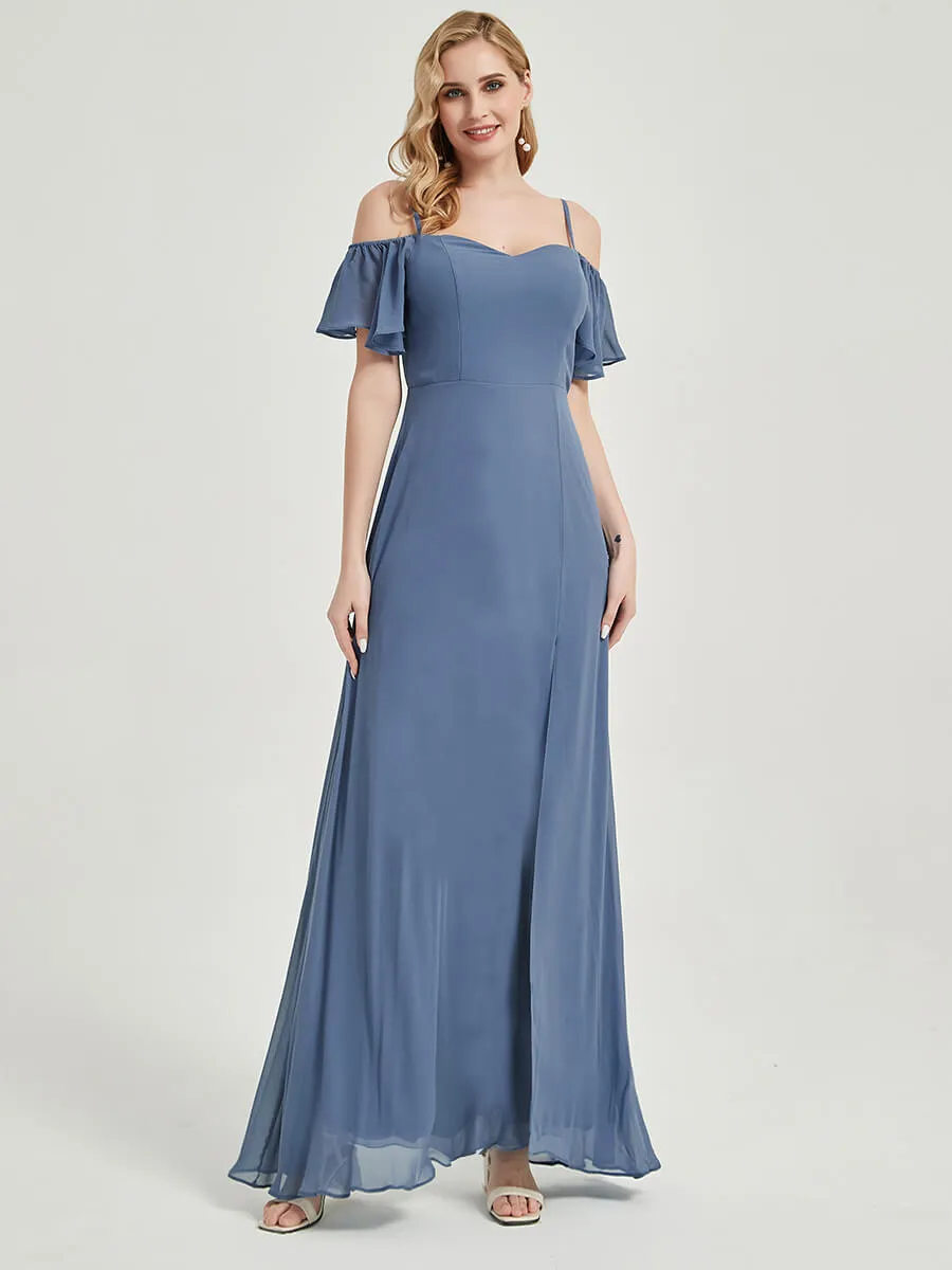 Moody Blue Ruffle Sleeves Split Bridesmaid Dress For Bridal Shower