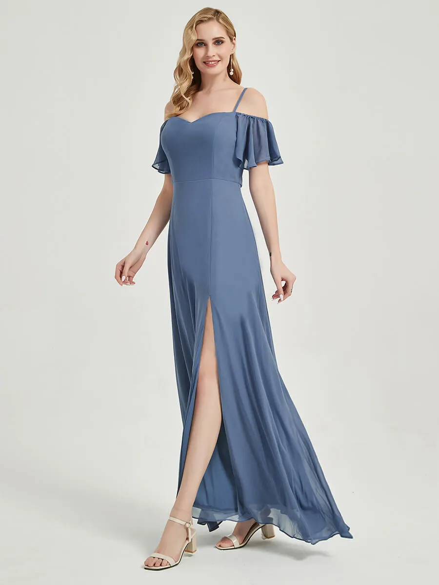 Moody Blue Ruffle Sleeves Split Bridesmaid Dress For Bridal Shower