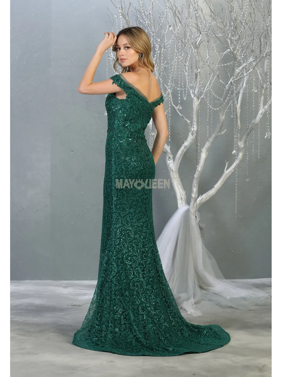 MQ 7879 - Off the Shoulder Glitter Print Fit & Flare Prom Gown