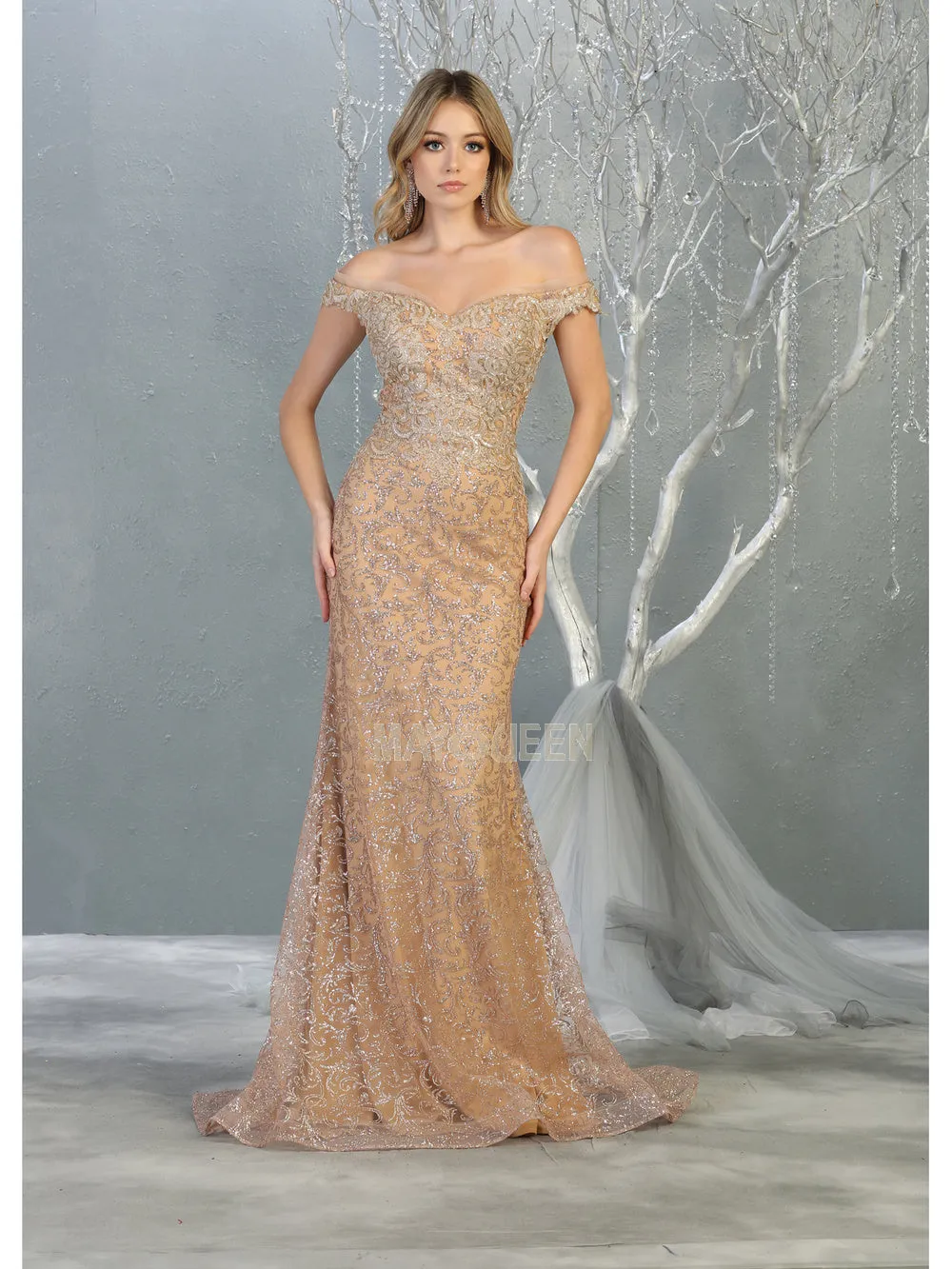 MQ 7879 - Off the Shoulder Glitter Print Fit & Flare Prom Gown