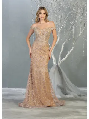 MQ 7879 - Off the Shoulder Glitter Print Fit & Flare Prom Gown