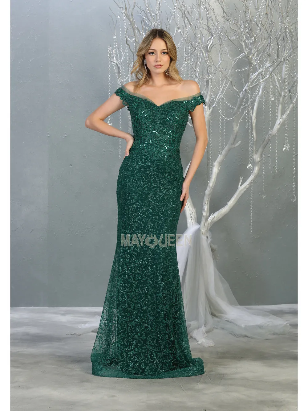 MQ 7879 - Off the Shoulder Glitter Print Fit & Flare Prom Gown