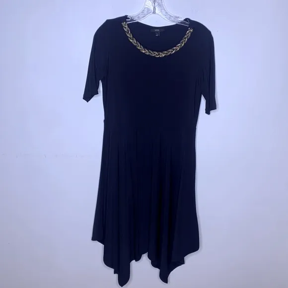 MSK Black Fit and Flare Gold Jeweled Neckline Asymmetrical Midi Elegant Dress