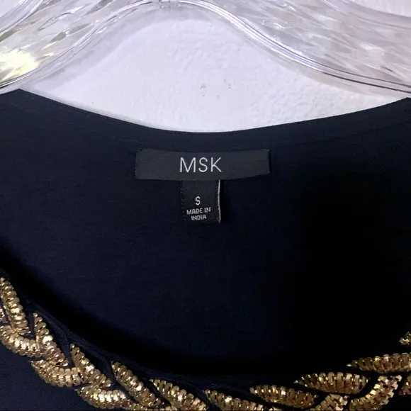 MSK Black Fit and Flare Gold Jeweled Neckline Asymmetrical Midi Elegant Dress