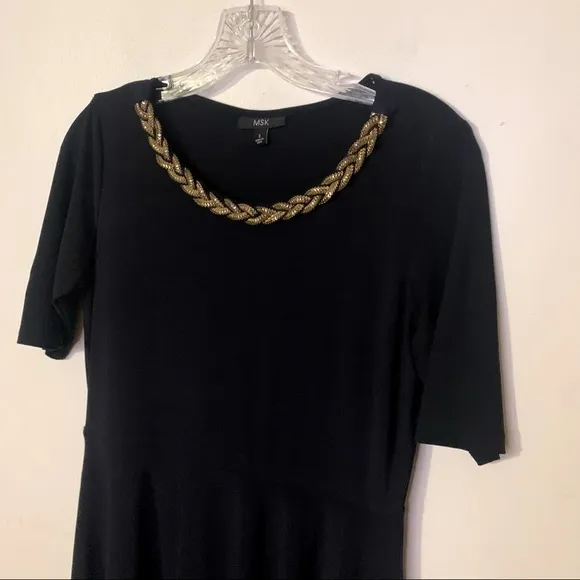 MSK Black Fit and Flare Gold Jeweled Neckline Asymmetrical Midi Elegant Dress