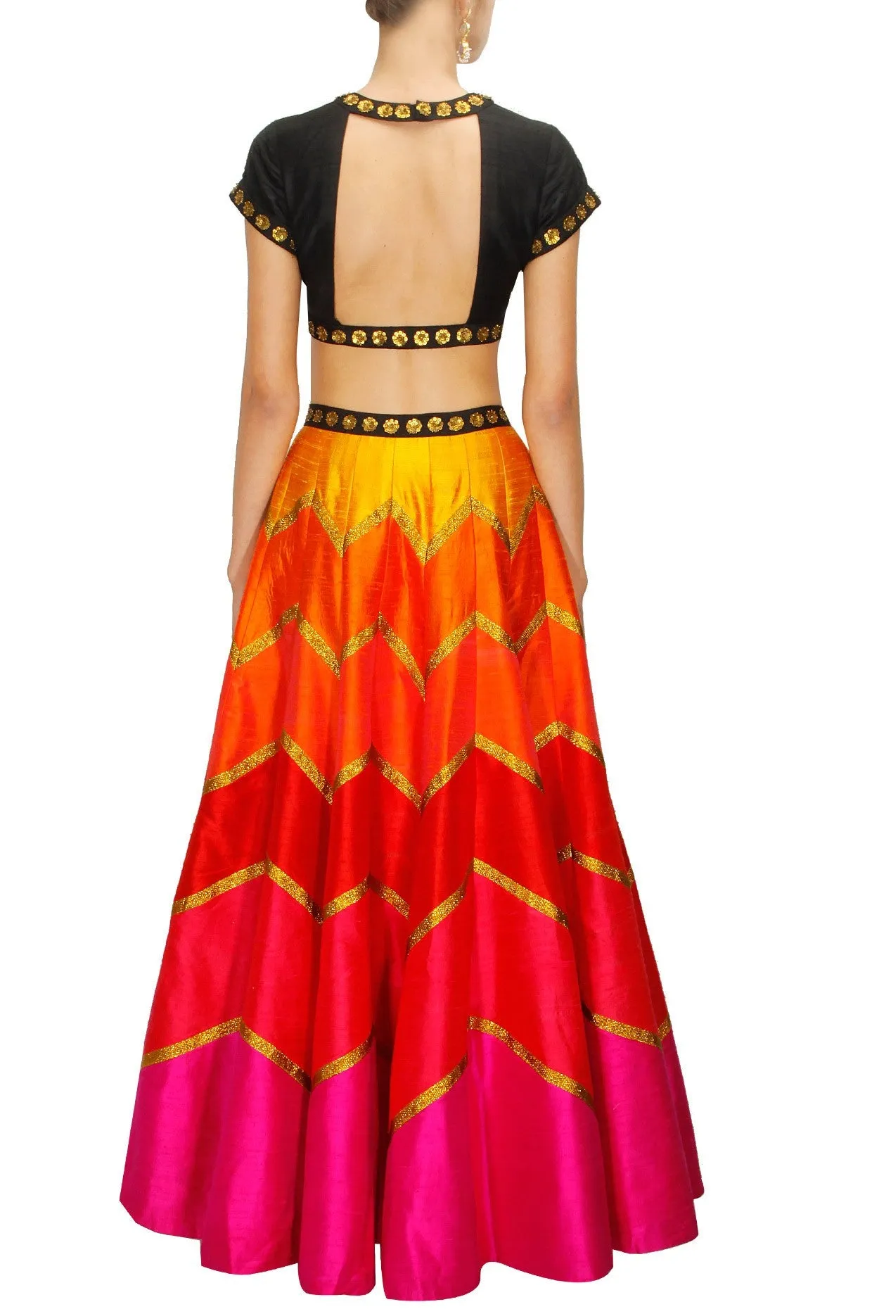 Multicolour Orange, Red and Pink Lehenga Set