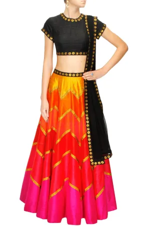 Multicolour Orange, Red and Pink Lehenga Set