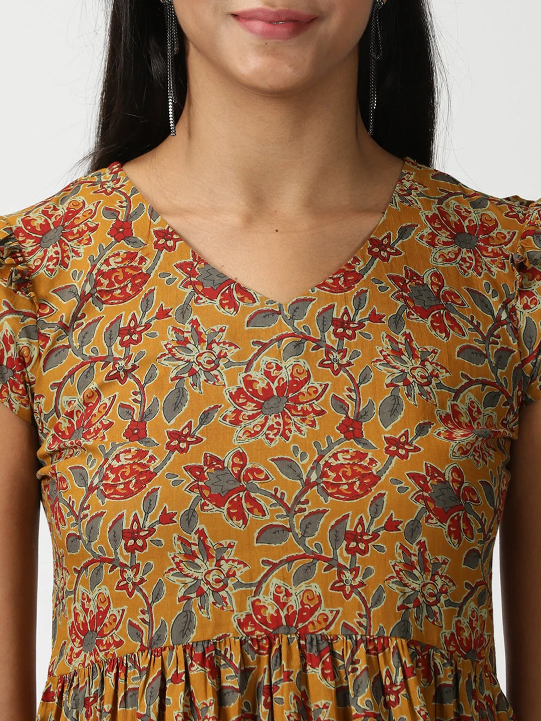 Mustard Floral Printed Midi Dress with Flounce Hem