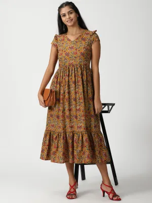 Mustard Floral Printed Midi Dress with Flounce Hem