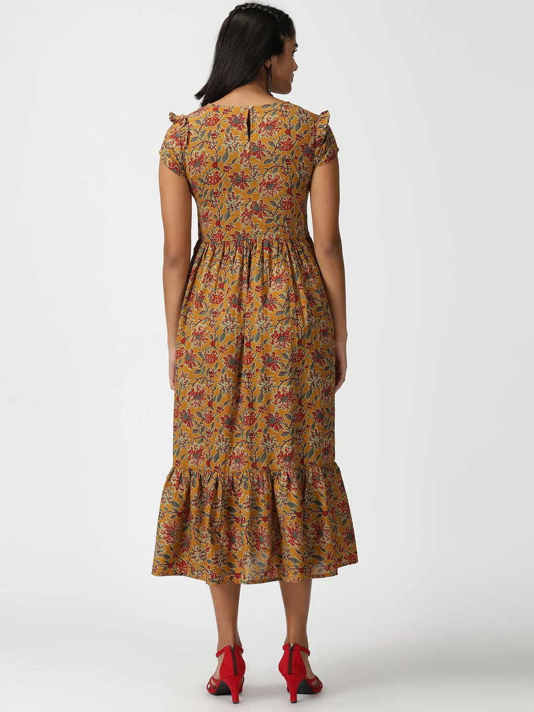Mustard Floral Printed Midi Dress with Flounce Hem