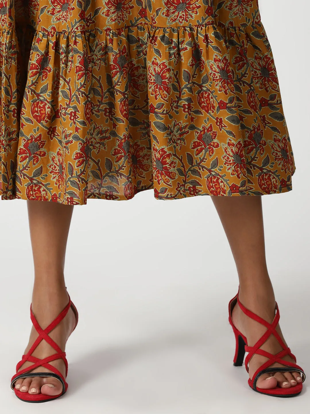 Mustard Floral Printed Midi Dress with Flounce Hem
