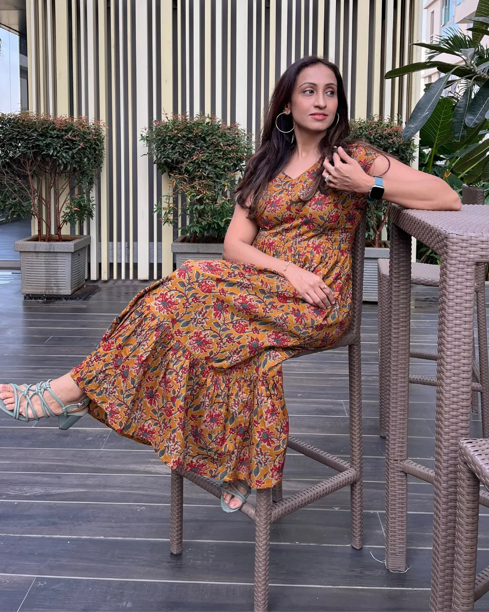 Mustard Floral Printed Midi Dress with Flounce Hem