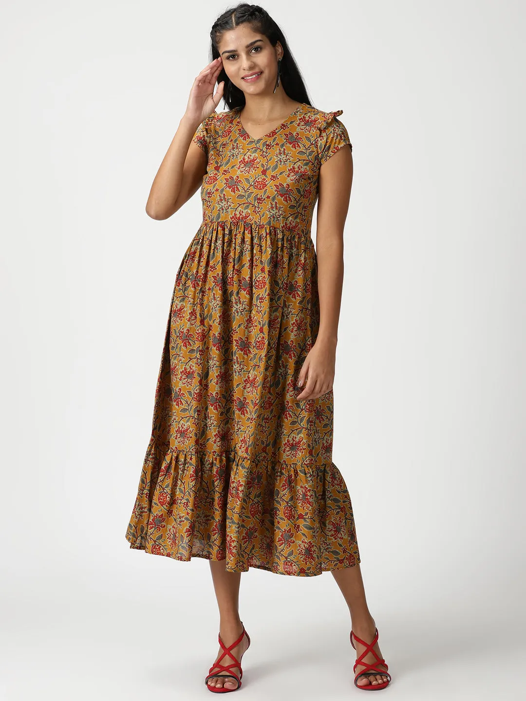 Mustard Floral Printed Midi Dress with Flounce Hem