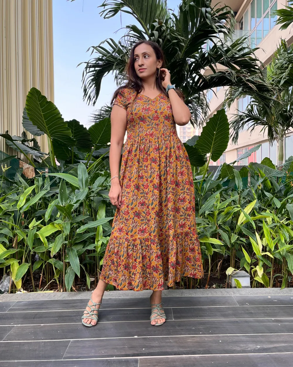 Mustard Floral Printed Midi Dress with Flounce Hem