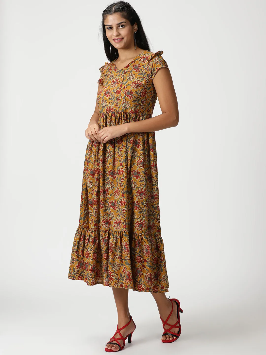 Mustard Floral Printed Midi Dress with Flounce Hem