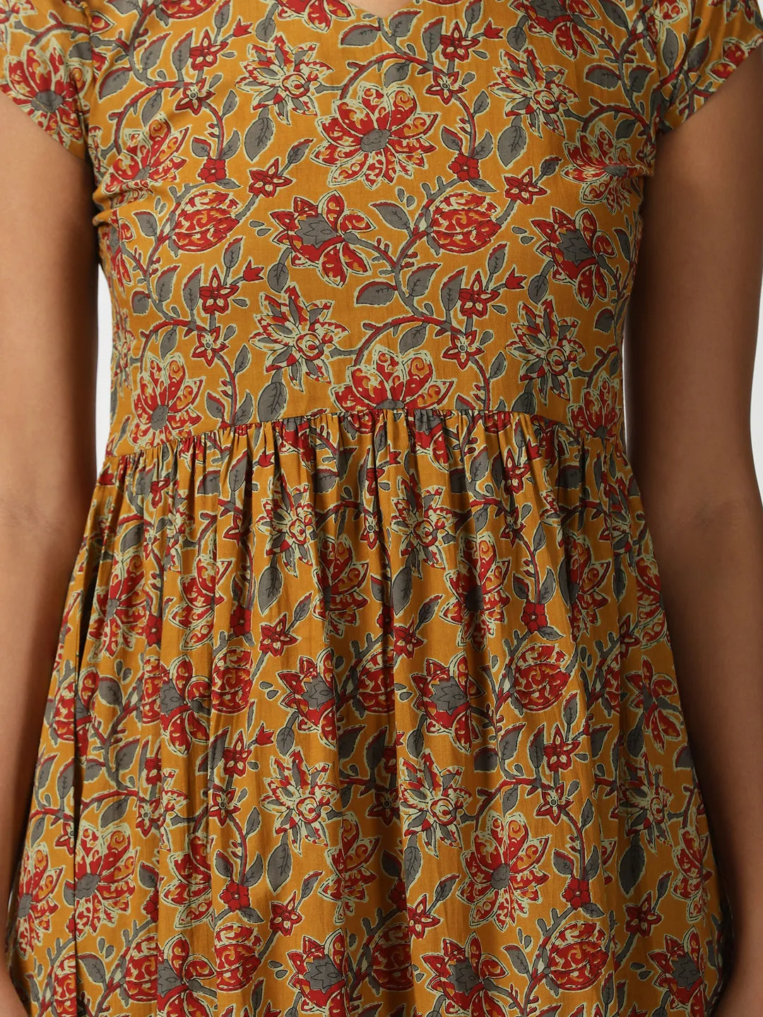 Mustard Floral Printed Midi Dress with Flounce Hem