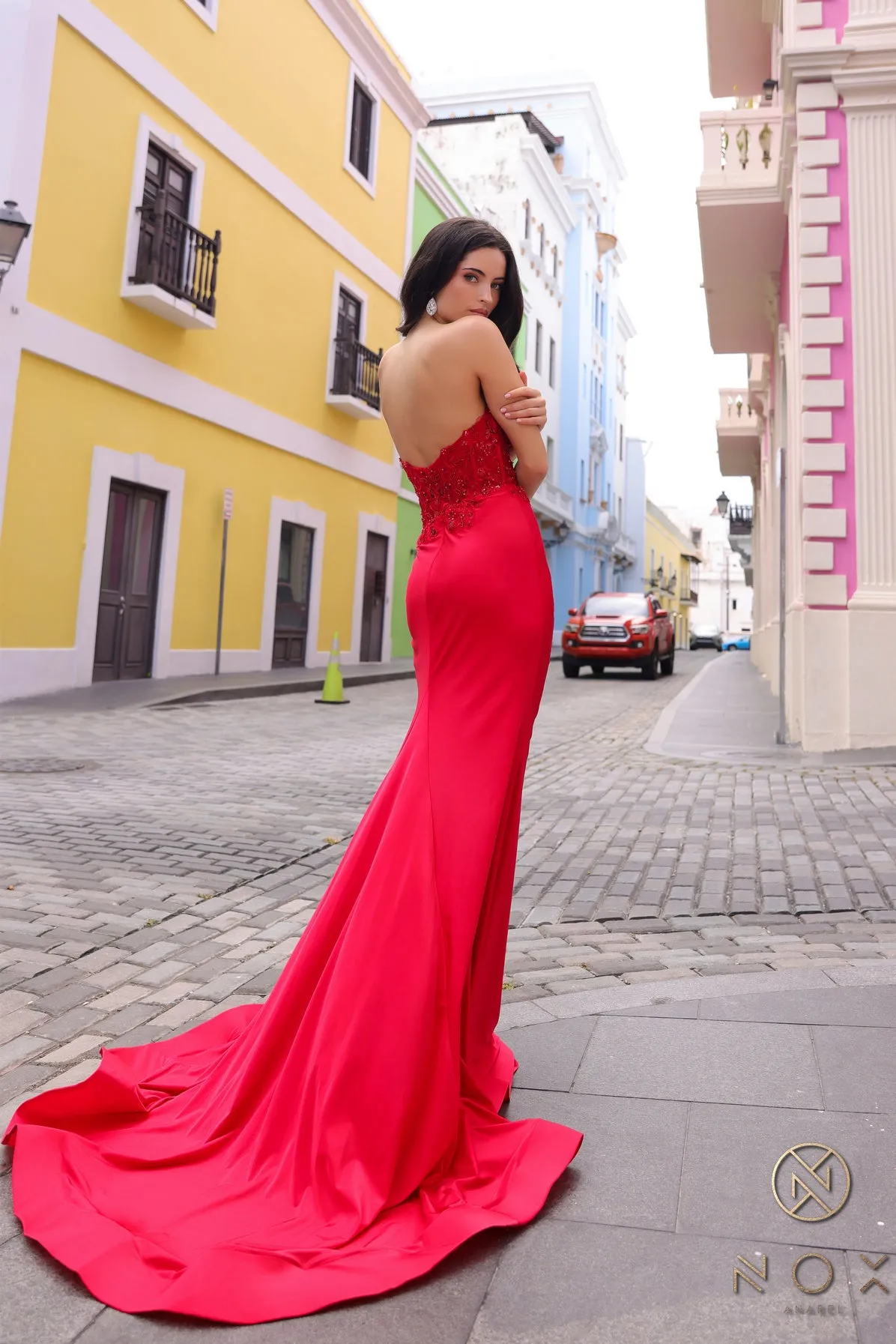 N C1345 - Strapless Fit & Flare Prom Gown With Sheer Beaded 3D Floral Embellished Bodice
