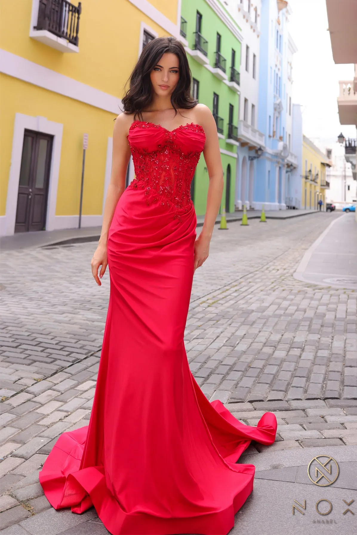 N C1345 - Strapless Fit & Flare Prom Gown With Sheer Beaded 3D Floral Embellished Bodice