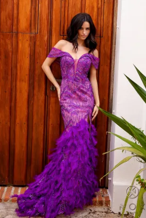 N C1461 - Off the Shoulder Fit & Flare Prom Gown with Deep Illusion V-Neck & Feather Adorned Skirt
