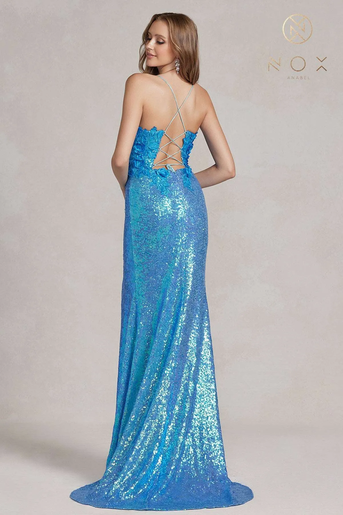 N R1207 - Full Sequin Fit & Flare Prom Gown 3D Floral applique Bodice Open Corset Back & Leg Slit