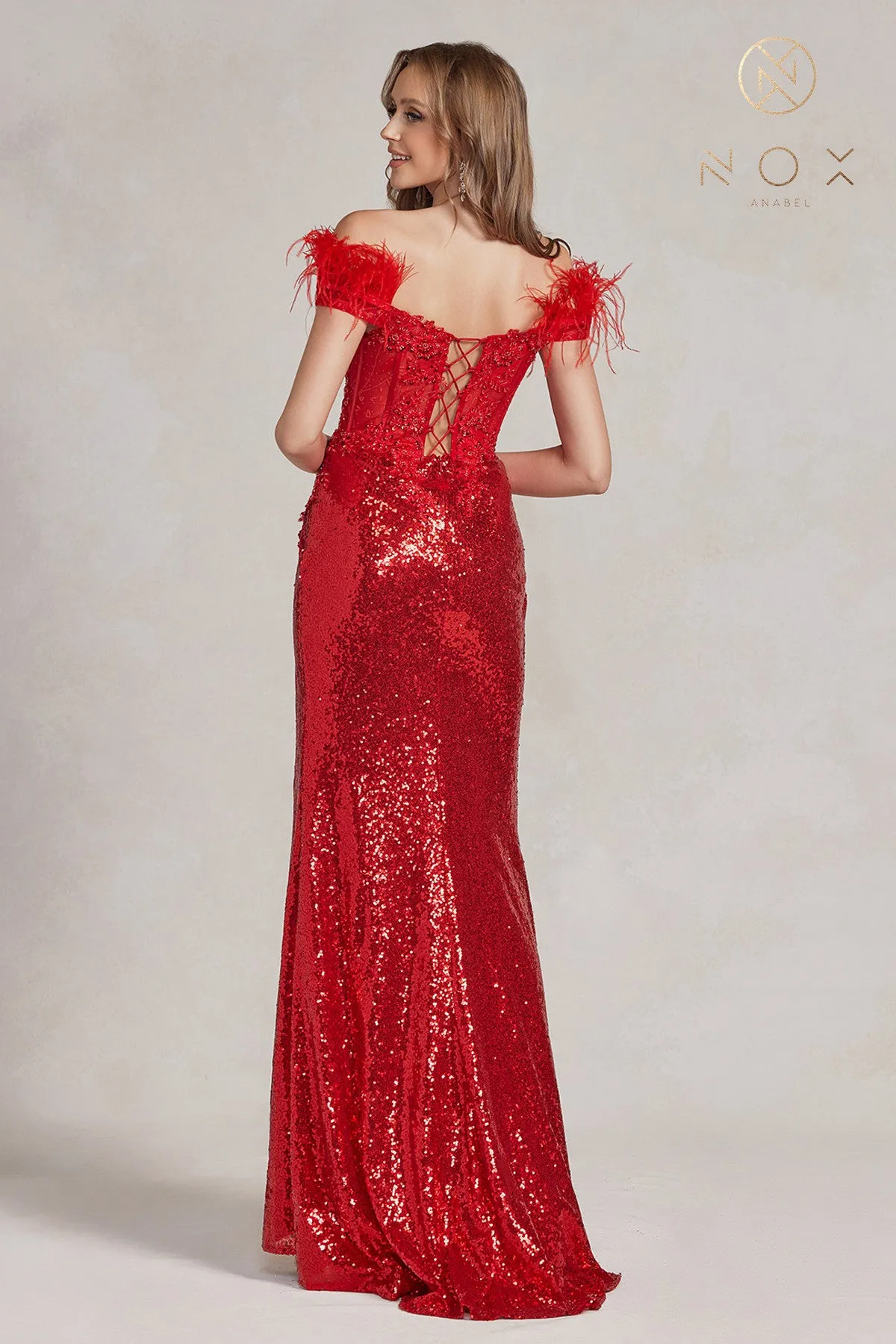 N S1229 - Off the Shoulder Feather Accented Full Sequined Fit & Flare Prom Gown with Sheer Boned Bodice Open Lace Up Back & Leg Slit