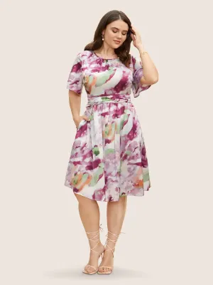 NEW Bloomchic Watercolor Floral Print Ruched Ruffle Sleeve Dress, Plus Size 22-24! This fabric feels like silk, ultra comfortable against skin!