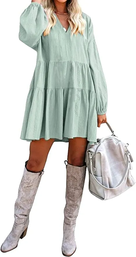New FANCYINN Women’s Cute Shift Dress with Pockets Fully Lined Bell Sleeve Ruffle Hem V Neck Loose Swing Tunic Mini Dress, Light Green, Sz XL