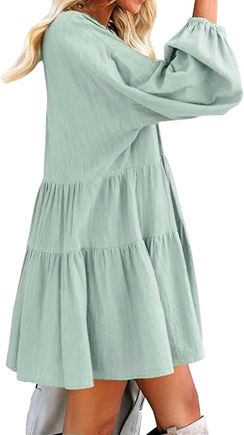 New FANCYINN Women’s Cute Shift Dress with Pockets Fully Lined Bell Sleeve Ruffle Hem V Neck Loose Swing Tunic Mini Dress, Light Green, Sz XL