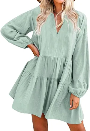 New FANCYINN Women’s Cute Shift Dress with Pockets Fully Lined Bell Sleeve Ruffle Hem V Neck Loose Swing Tunic Mini Dress, Light Green, Sz XL