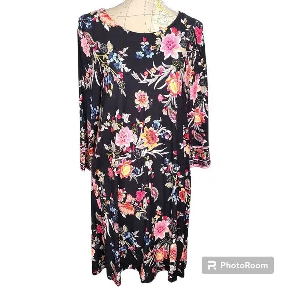 NEW Loft Size Large Black Bohemian Colorful Floral Back Neck Tie Shift Dress