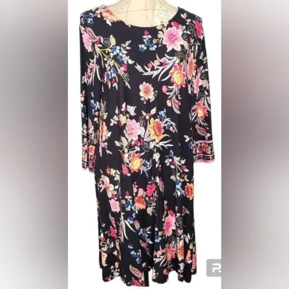 NEW Loft Size Large Black Bohemian Colorful Floral Back Neck Tie Shift Dress