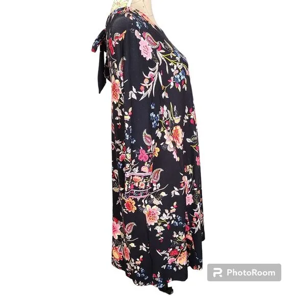NEW Loft Size Large Black Bohemian Colorful Floral Back Neck Tie Shift Dress