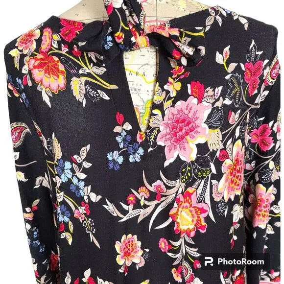 NEW Loft Size Large Black Bohemian Colorful Floral Back Neck Tie Shift Dress